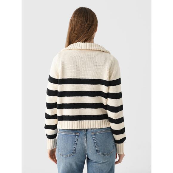 Kule The Matey Cream Black Stripe Chunky Cotton Knit Zip Collar Sweater womens S - Picture 12 of 17